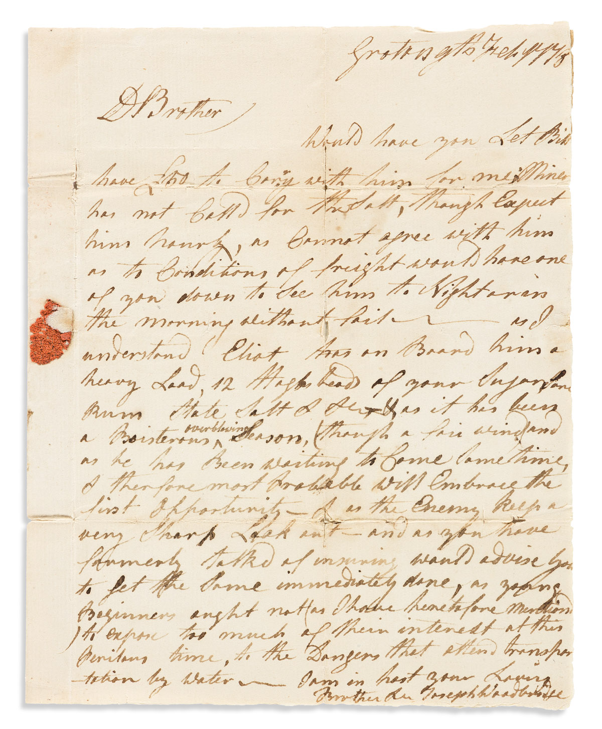 (AMERICAN REVOLUTION--1778.) Joseph Woodbridge. Letter discussing the perils of shipping along the heavily patrolled Connecticut coast.